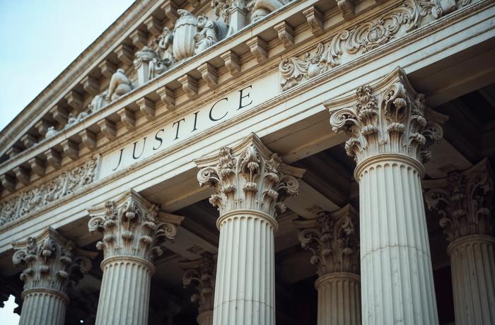 Courthouse facade bearing the word Justice
